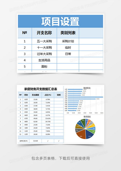 蓝色简约家庭财务支出管理系统模版excel模板下载 熊猫办公